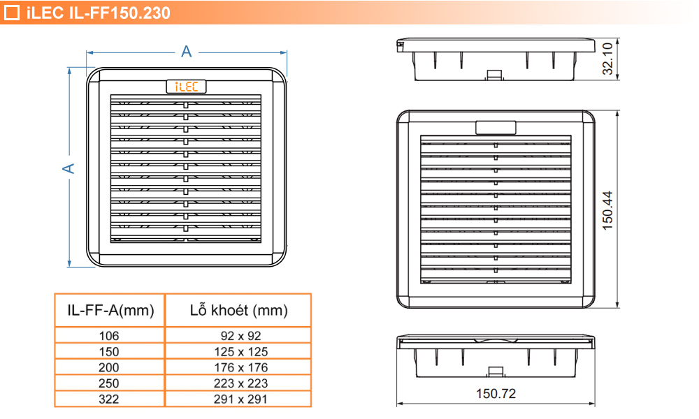 Kích thước: Quạt hút kèm bộ lọc IL-FF150.230