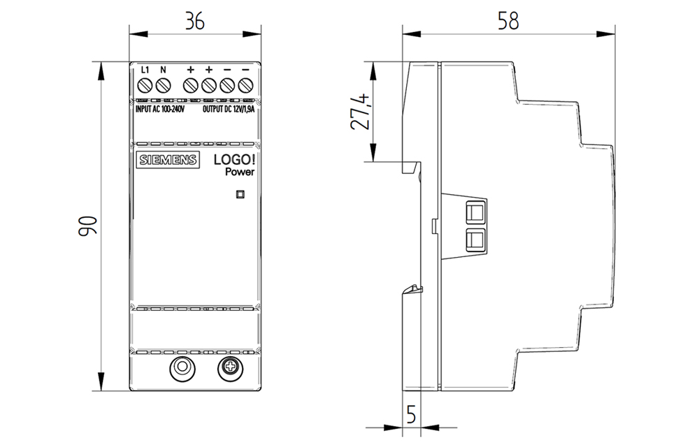 Kích thước Siemens Simatic 6EP3321-6SB00-0AY0 : Bộ nguồn LOGO! POWER 12V 1.9A