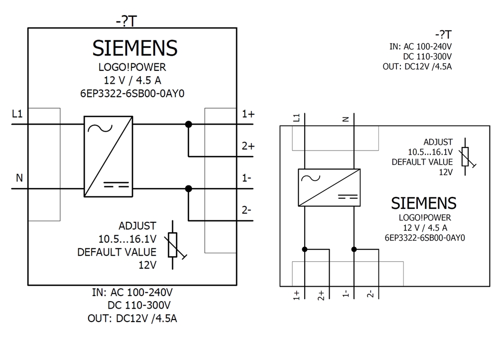 Cách đấu nối Siemens Simatic 6EP3322-6SB00-0AY0 : Bộ nguồn LOGO! POWER 12V 4.5A