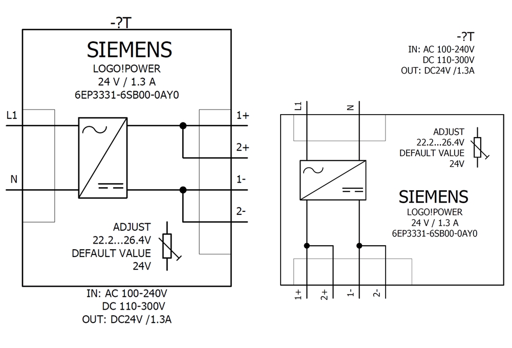 Cách đấu nối Siemens Simatic 6EP3331-6SB00-0AY0 : Bộ nguồn LOGO! POWER 24V 1.3A