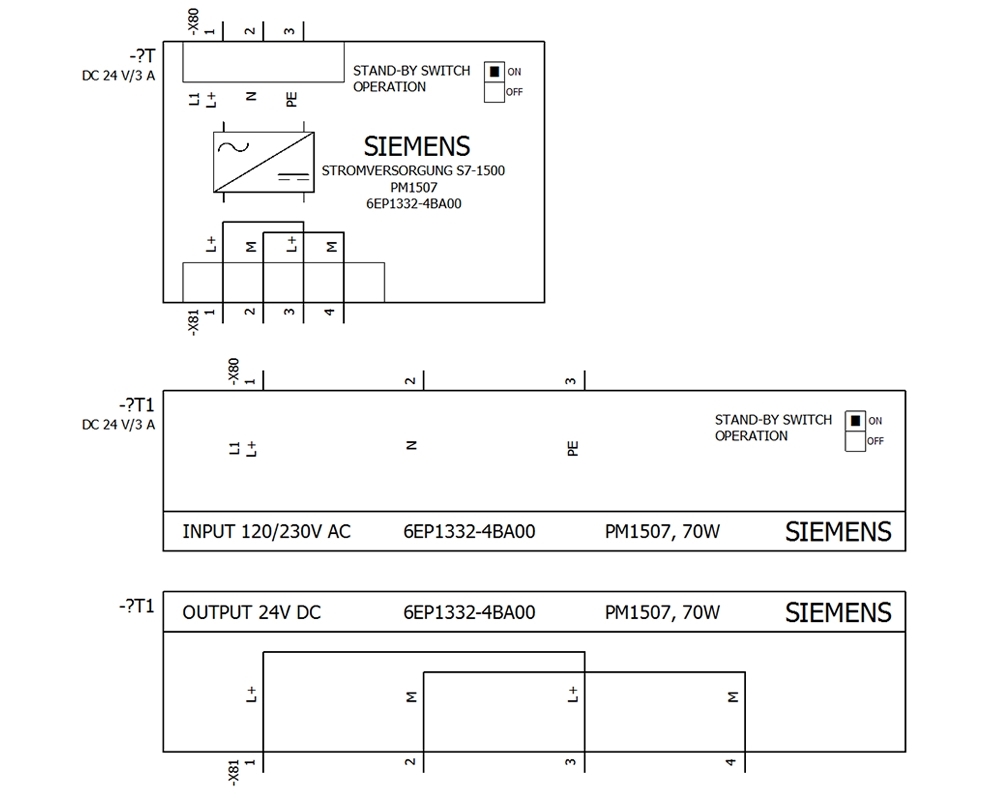 Cách đấu nối Siemens Simatic 6EP1332-4BA00 : Bộ nguồn PM 1507 Simatics S7-1500