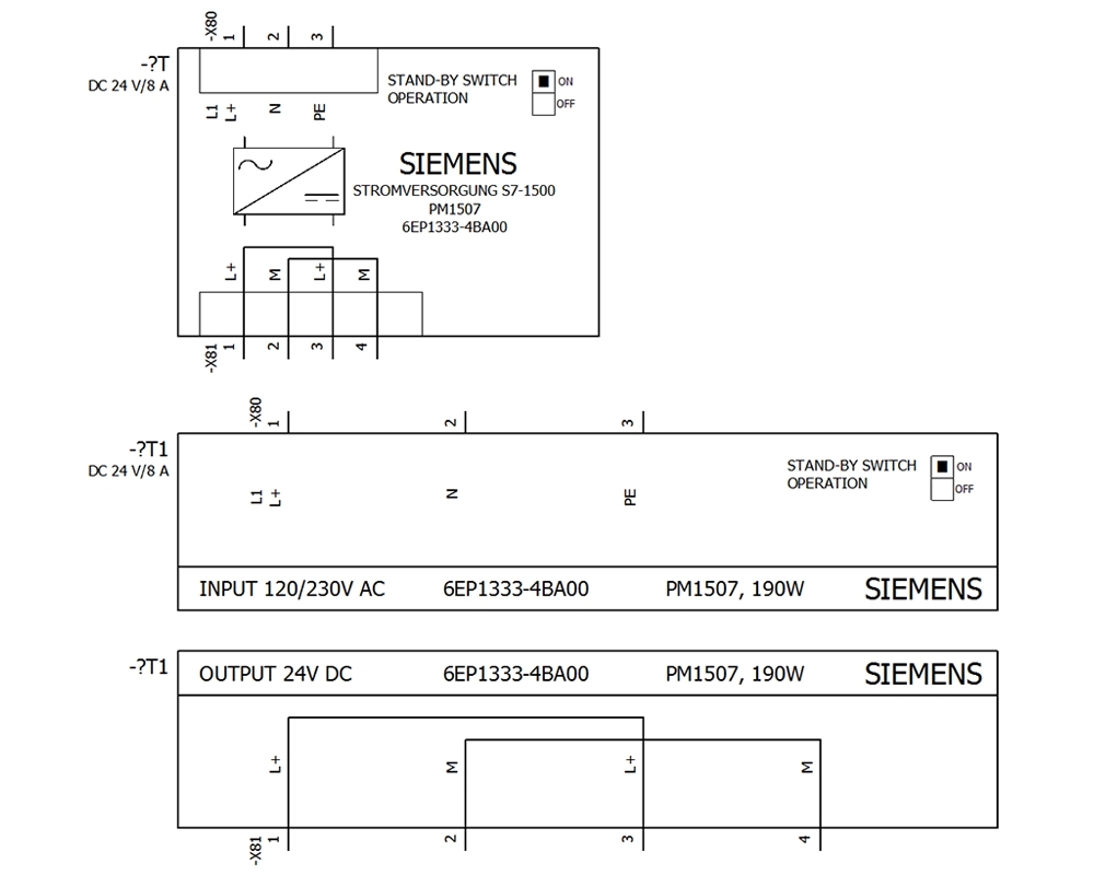 Cách đấu nối Siemens Simatic 6EP1333-4BA00 : Bộ nguồn PM 1507 Simatics S7-1500