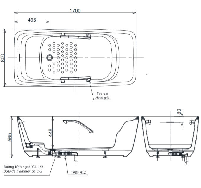 Kích thước Bồn tắm GALALATO đặt sàn TOTO PJY1724PWEN#MW  TVBF412