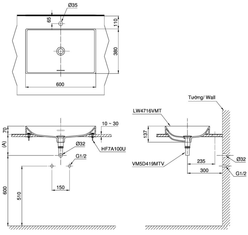 Kích thước Chậu đặt bàn cao cấp TOTO LT4716MTG19