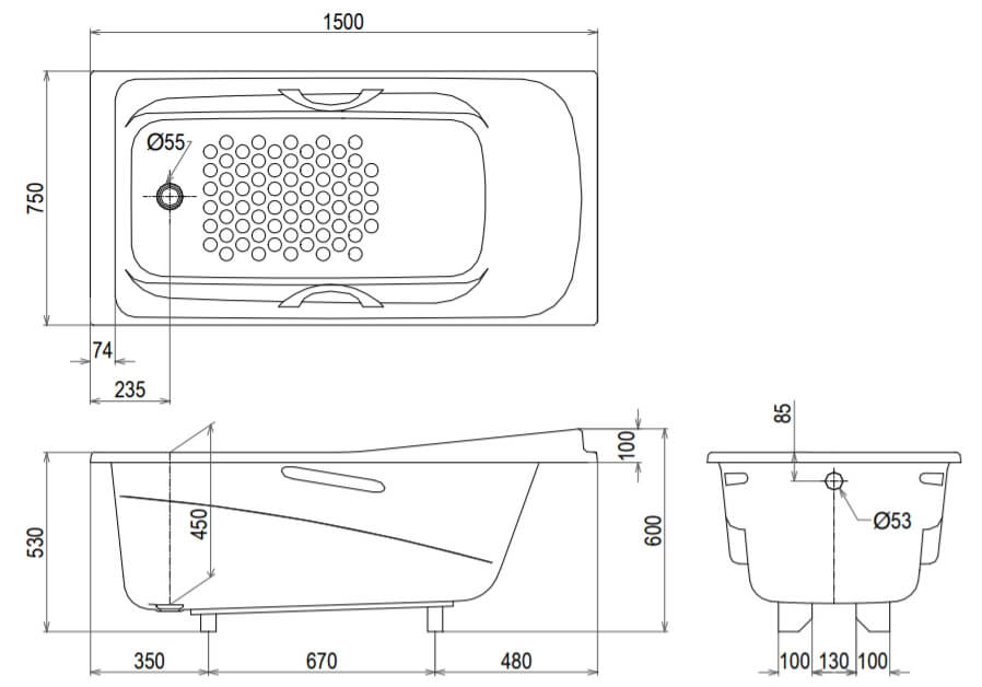 Kích thước Bồn tắm ngọc trai có tay vịn TOTO PPY1560HPE#P DB501R-2B