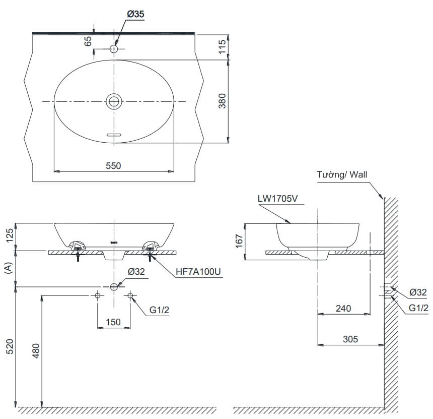 Kích thước Chậu đặt bàn cao cấp TOTO LT1705