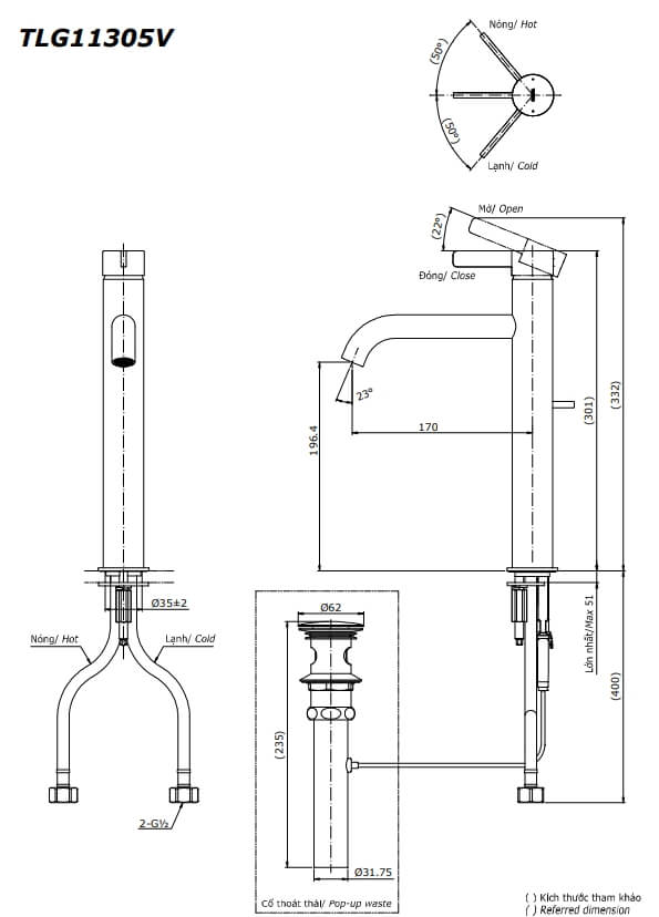 Kích thước Vòi chậu gật gù nóng lạnh TOTO GF TLG11305V