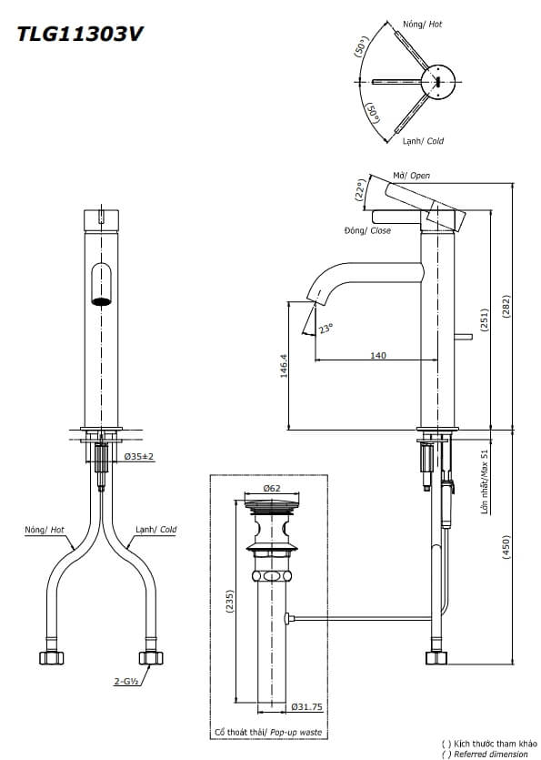 Kích thước Vòi chậu gật gù nóng lạnh TOTO GF TLG11303V