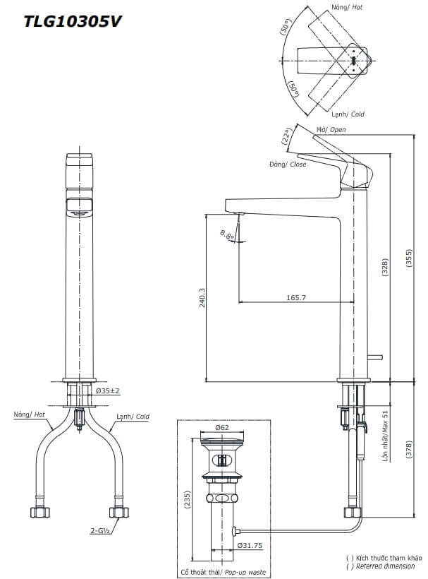 Kích thước Vòi chậu gật gù nóng lạnh TOTO GB TLG10305V