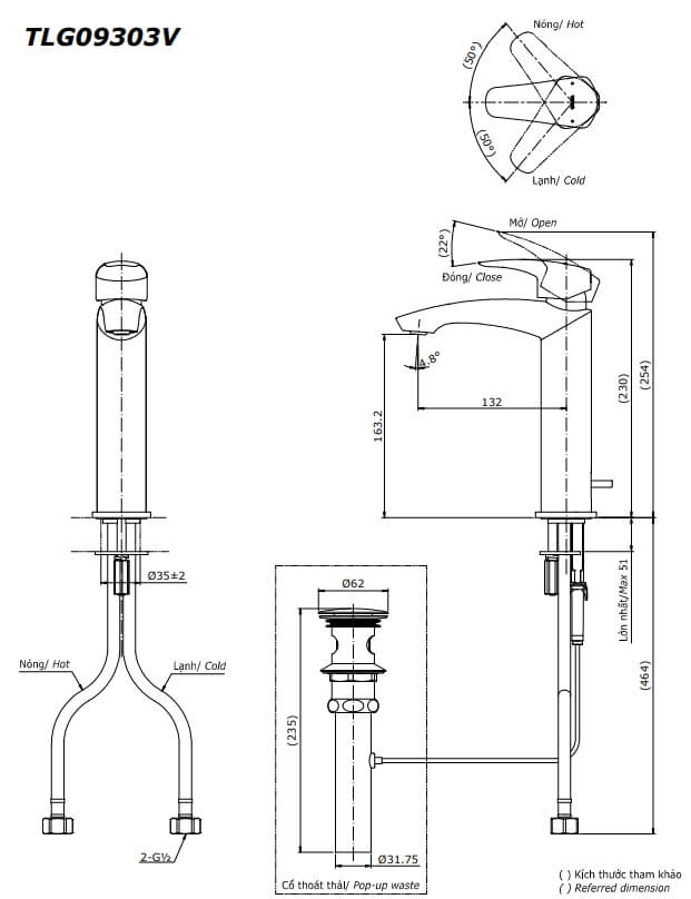 Kích thước Vòi chậu gật gù nóng lạnh TOTO GM TLG09303V
