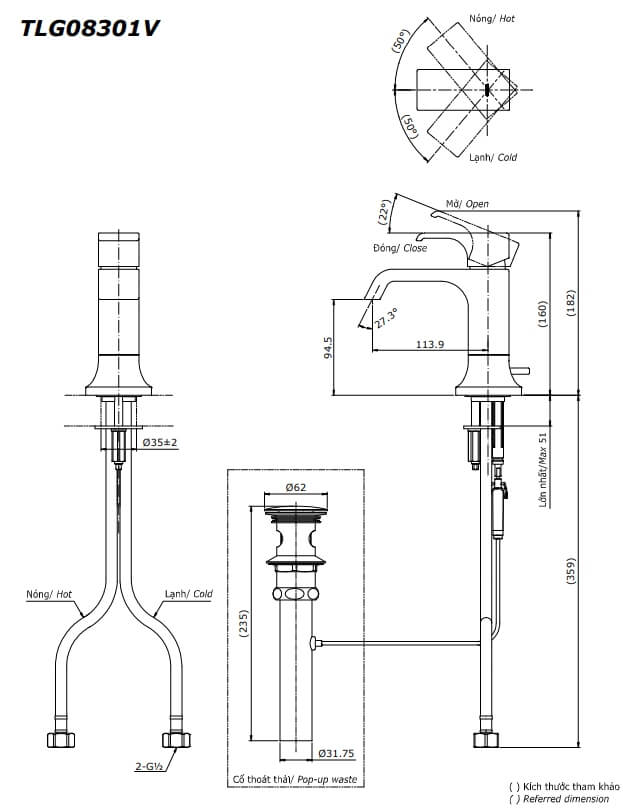Kích thước Vòi chậu gật gù nóng lạnh TOTO GC TLG08301V