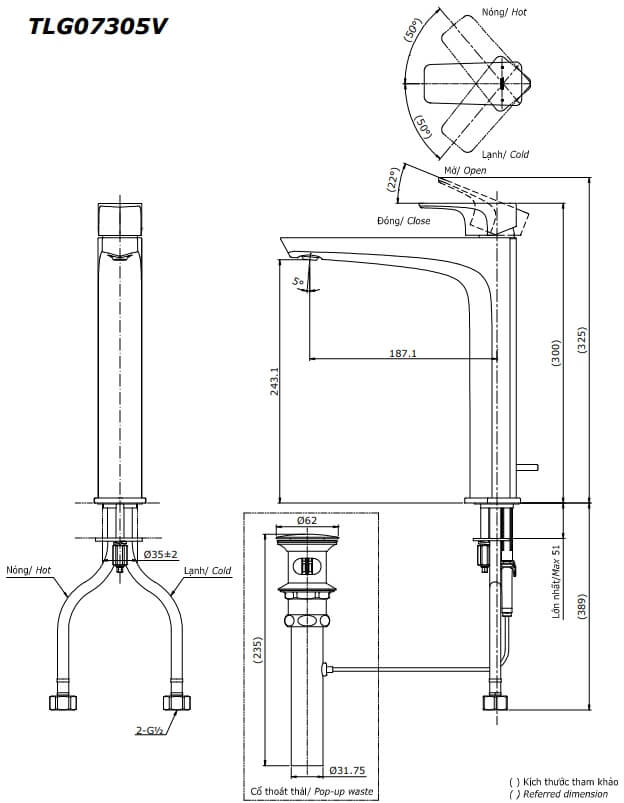 Kích thước Vòi chậu gật gù nóng lạnh TOTO GE TLG07305V