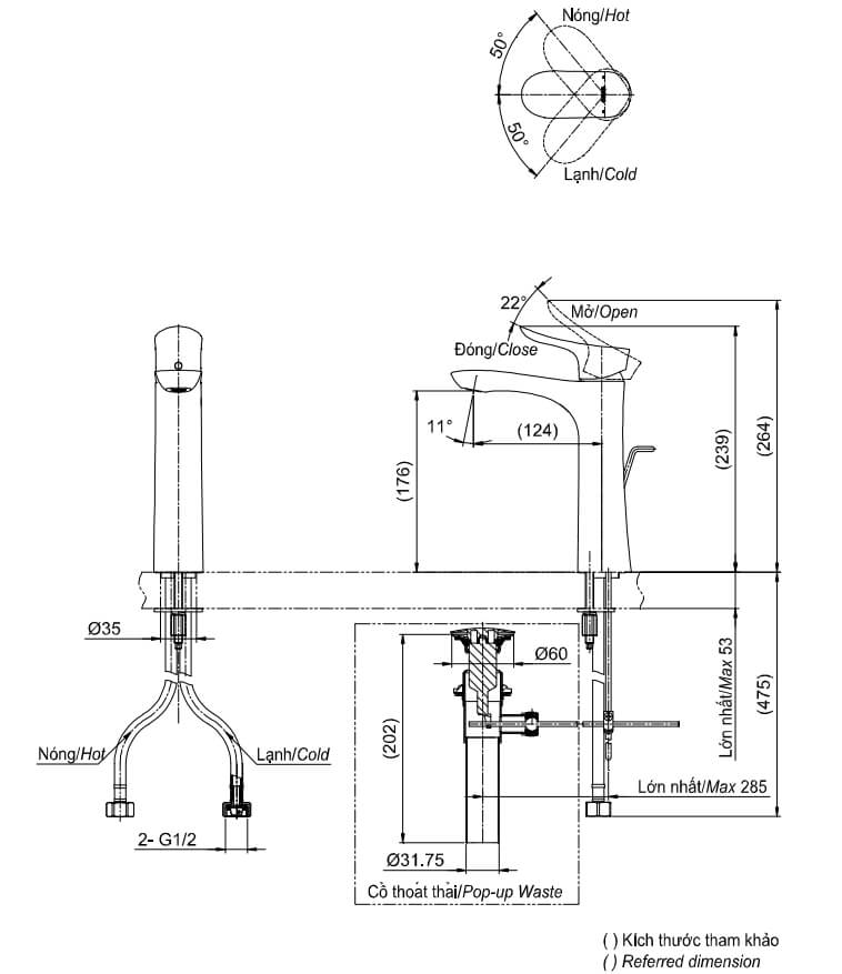 Kích thước Vòi chậu gật gù nóng lạnh TOTO GO TLG01304V