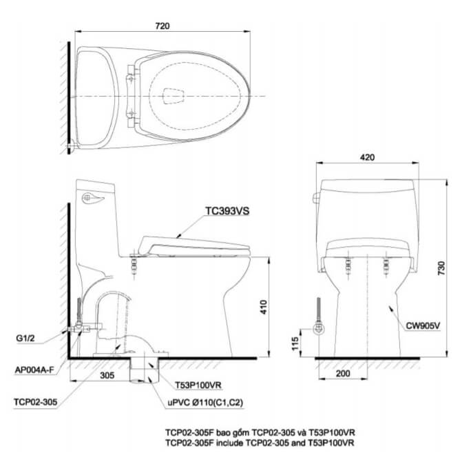 Kích thước Bàn cầu một khối TOTO MS905T2, nắp đóng êm TC393VS