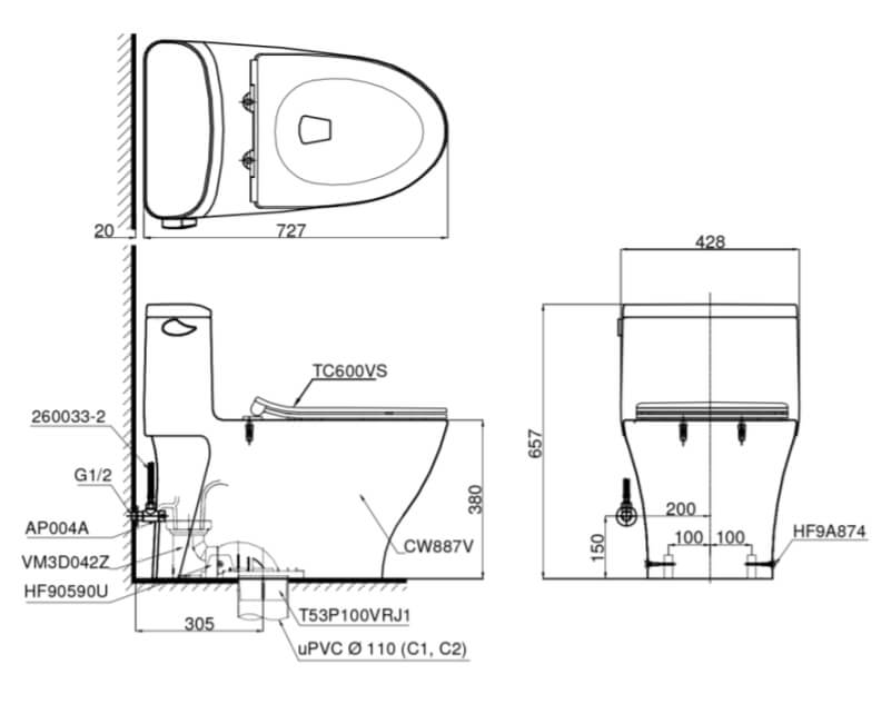 Kích thước Bàn cầu một khối TOTO MS887RT8, nắp đóng êm TC600VS