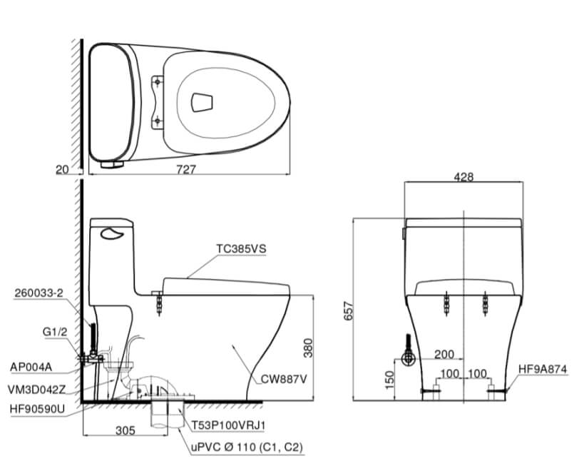 Kích thước Bàn cầu một khối TOTO MS887RT3, nắp đóng êm TC385VS