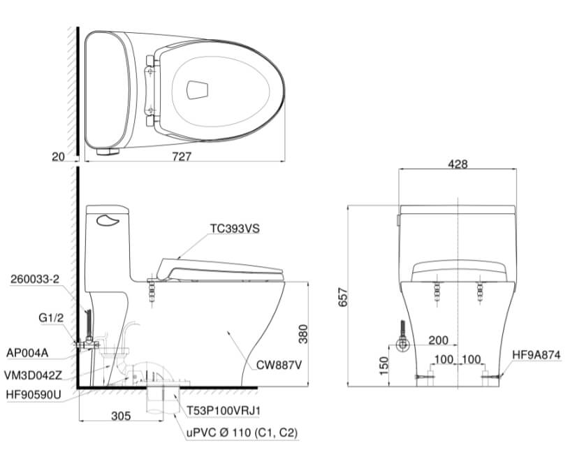 Kích thước Bàn cầu một khối TOTO MS887RT2, nắp đóng êm TC393VS