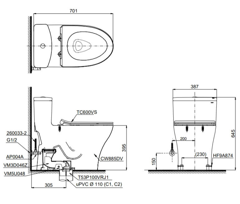 Kích thước Bàn cầu một khối TOTO MS885DT8, nắp đóng êm TC600VS