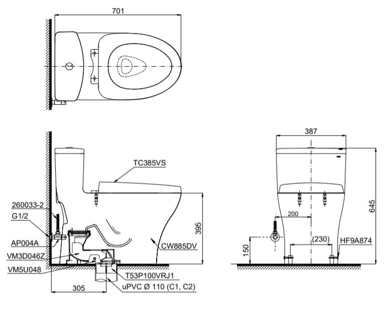 Kích thước Bàn cầu một khối TOTO MS885DT3, nắp đóng êm TC385VS