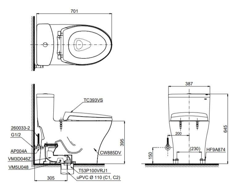 Kích thước Bàn cầu một khối TOTO MS885DT2, nắp đóng êm TC393VS