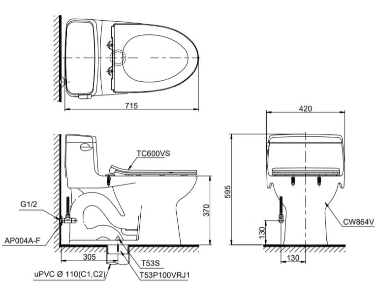 Kích thước Bàn cầu một khối TOTO MS864T8, nắp đóng êm TC600VS