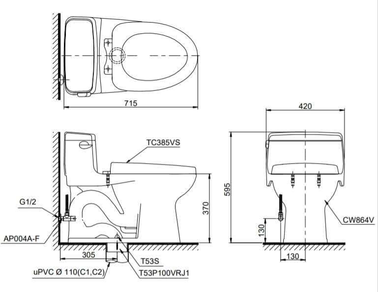 Kích thước Bàn cầu một khối TOTO MS864T3, nắp đóng êm TC385VS