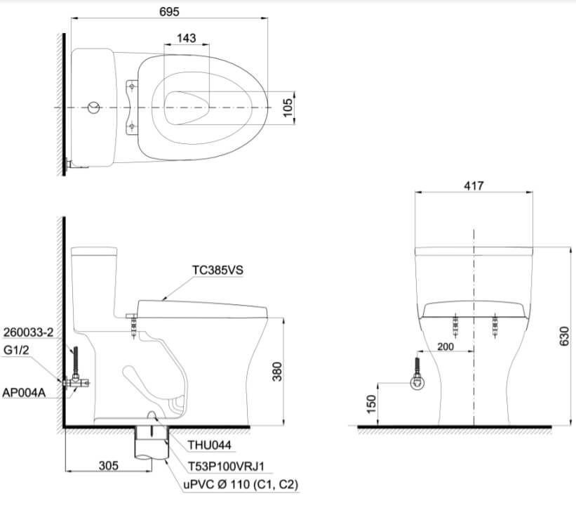 Kích thước Bàn cầu một khối TOTO MS855DT3, nắp đóng êm TC385VS