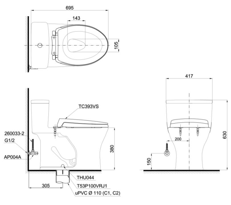 Kích thước Bàn cầu một khối TOTO MS855DT2, nắp đóng êm TC393VS