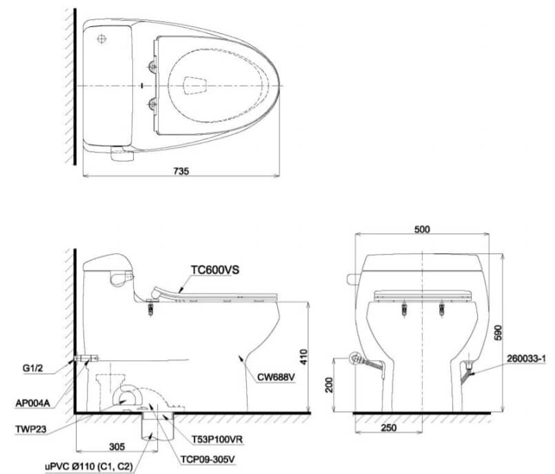 Kích thước Bàn cầu một khối TOTO MS688T8, nắp đóng êm TC600VS