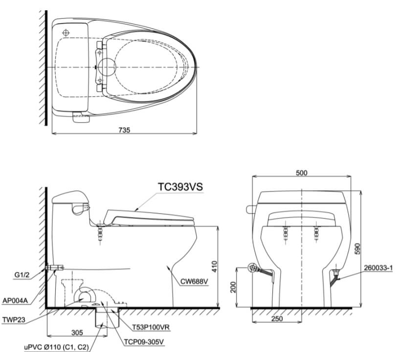 Kích thước Bàn cầu một khối TOTO MS688T2, nắp đóng êm TC393VS