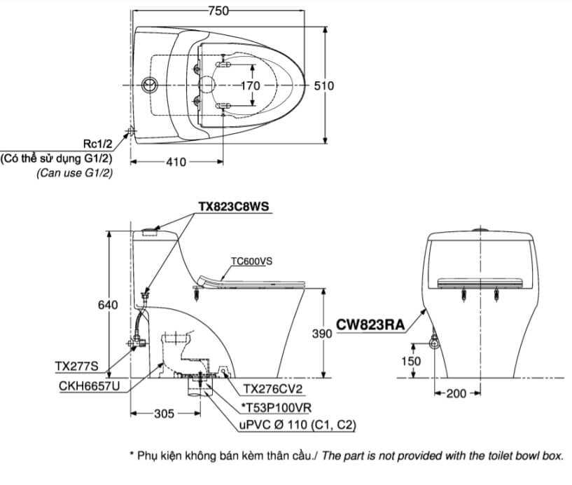 Kích thước Bàn cầu một khối TOTO CW823RAT8, nắp đóng êm TC600VS