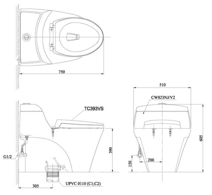 Kích thước Bàn cầu một khối CW823NWF, nắp đóng êm TC393VS