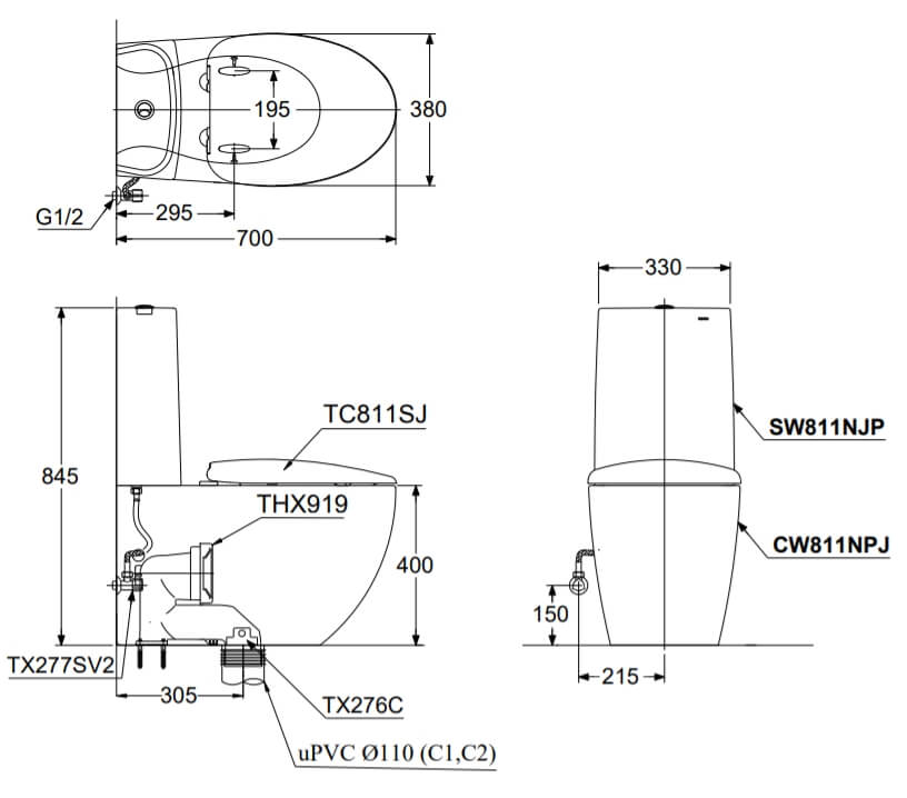 Kích thước Bàn cầu hai khối TOTO CW811PJWS SW811JPWF THX919