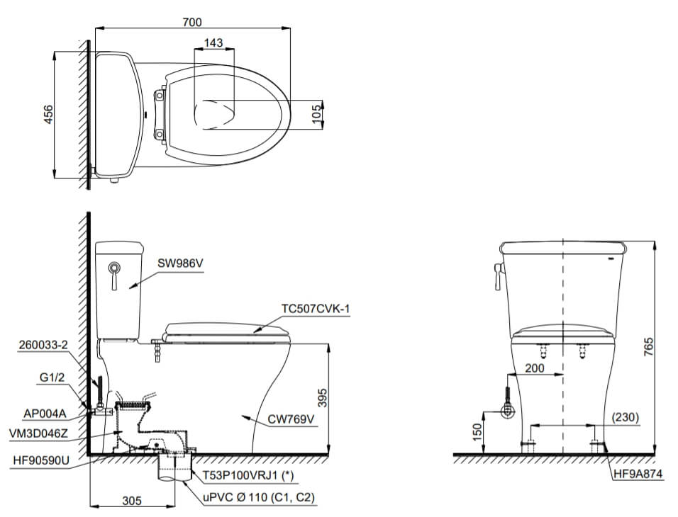 Kích thước Bàn cầu hai khối TOTO CS986GT9, nắp đóng êm