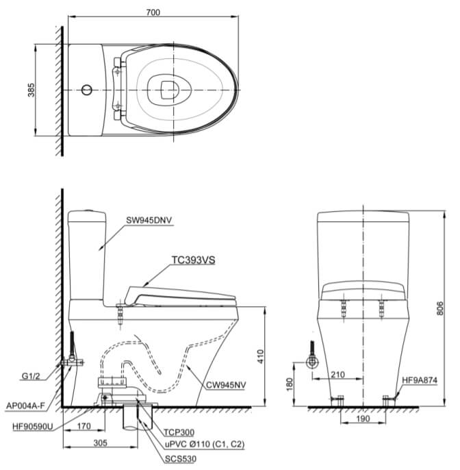 Kích thước Bàn cầu hai khối TOTO CS945DNT2, nắp đóng êm TC393VS