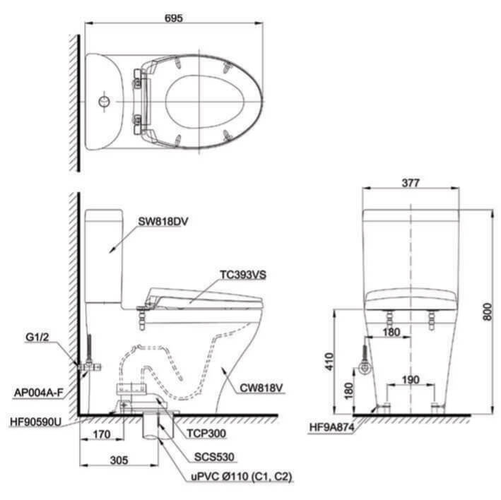 Kích thước Bàn cầu hai khối TOTO CS818DT2, nắp đóng êm TC393VS