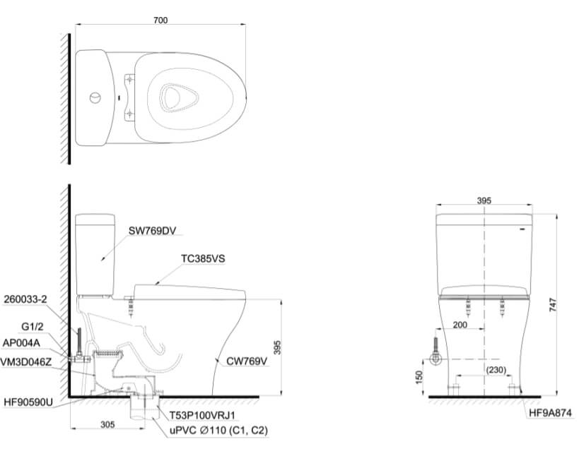 Kích thước Bàn cầu hai khối TOTO CS769DRT3, nắp đóng êm TC385VS