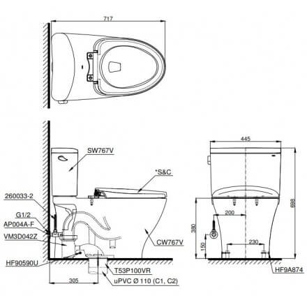 Kích thước Bàn cầu hai khối TOTO CS767RT8, nắp đóng êm TC600VS