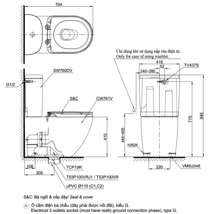 Kích thước Bàn cầu hai khối TOTO CS761DT5, nắp đóng êm TC384CVK