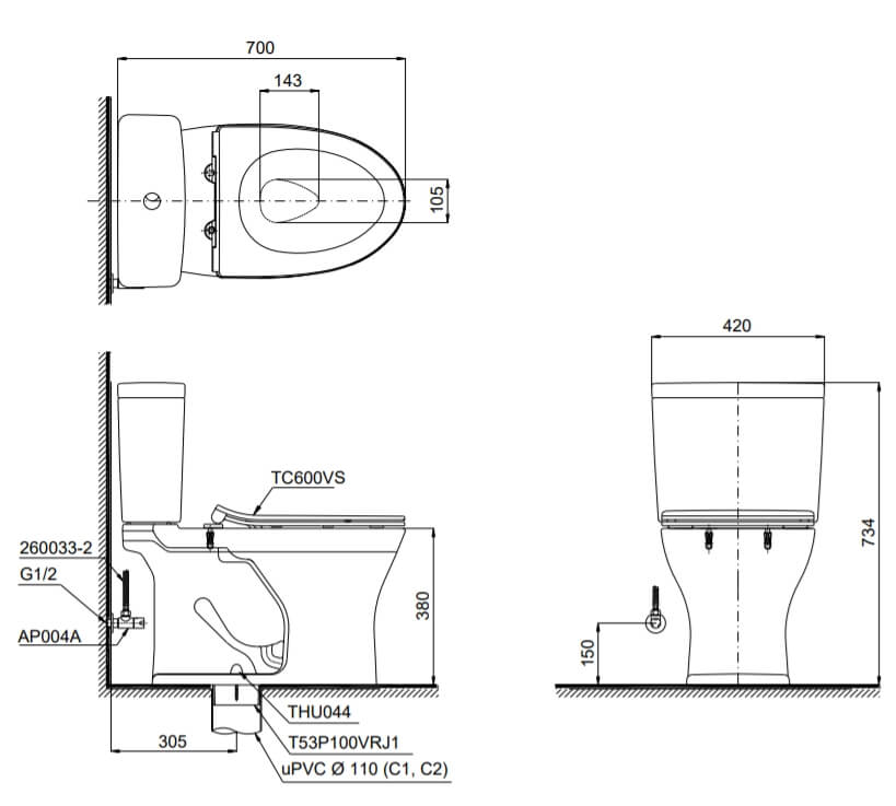 Kích thước Bàn cầu hai khối TOTO CS735DT8, nắp đóng êm TC600VS