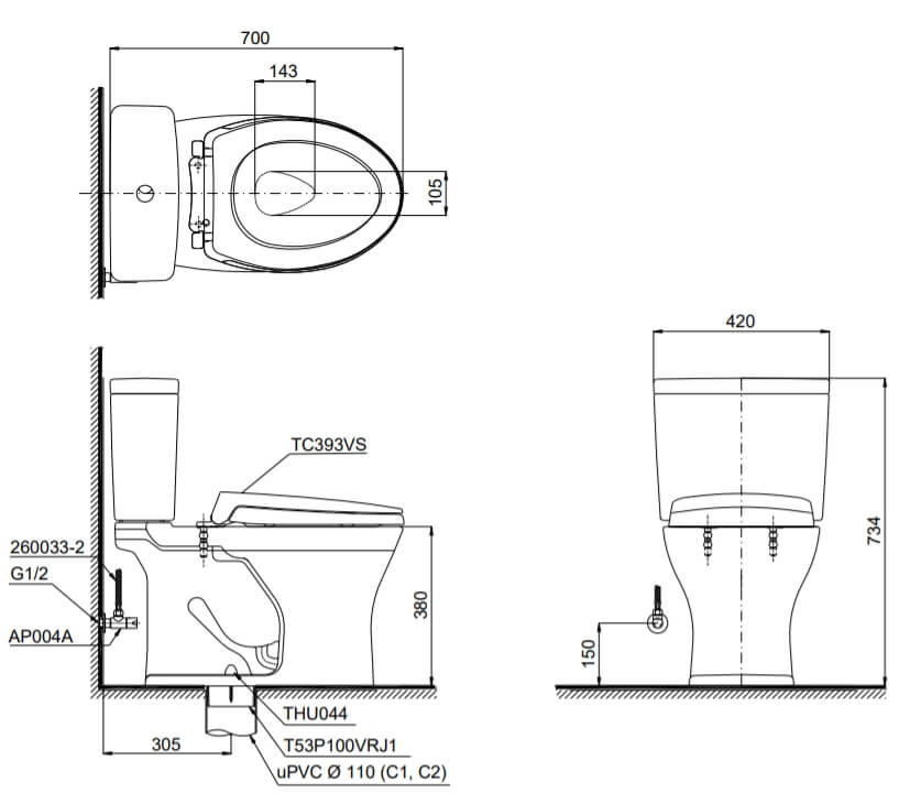 Kích thước Bàn cầu hai khối TOTO CS735DT2 , nắp đóng êm TC393VS