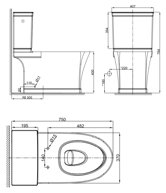 Kích thước Bồn cầu hai khối American Standard Kastello VF-2781  