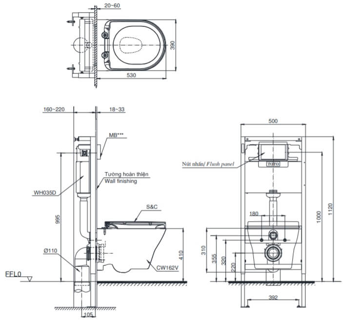 Kích thước Bàn cầu treo tường TOTO CW162 TC384CVK