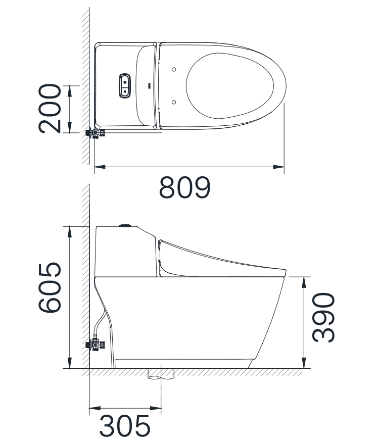 Kích thước Bồn cầu thông minh một khối INAX AC-1032+CW-KA22AVN