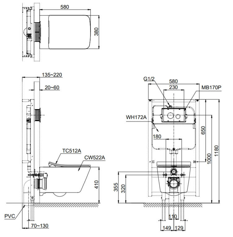 Kích thước Bàn cầu treo tường TOTO CW522A TC512A