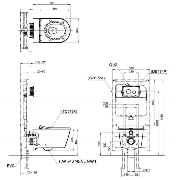 Kích thước Bàn cầu treo tường TOTO CW542ME5UNW1 TC513A