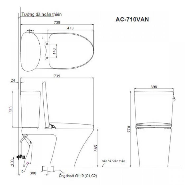 Kích thước Bồn Cầu INAX AC-710VAN Hai Khối Xả Gạt Aqua Ceramic