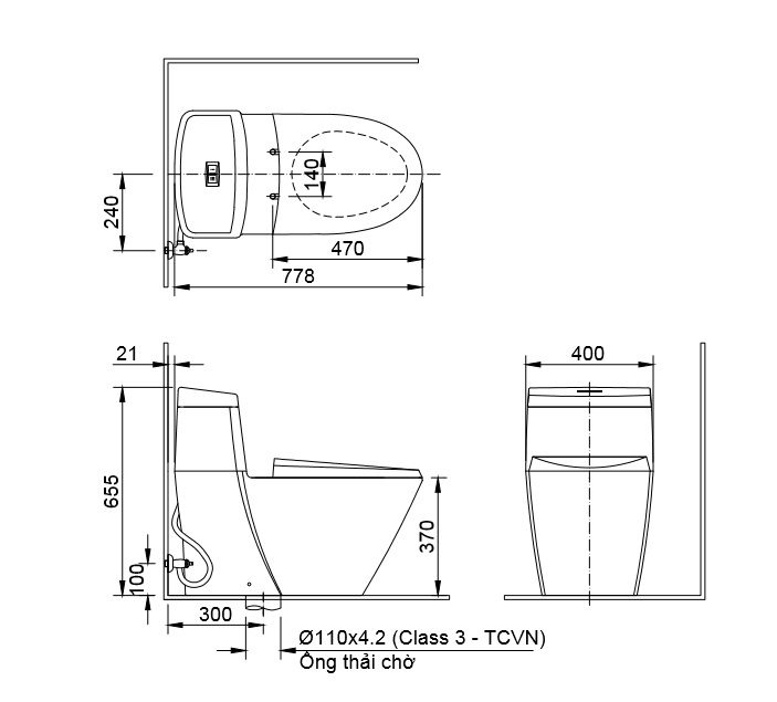 Kích thước Bồn Cầu INAX AC-918VRN Một Khối Aqua Ceramic