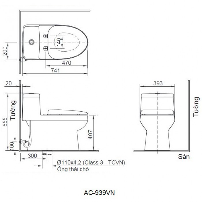 Kích thước Bồn Cầu INAX AC-939VN Một Khối Aqua Ceramic