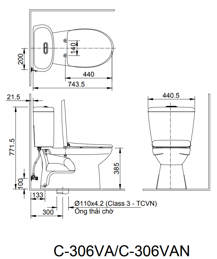 Kích thước Bồn Cầu INAX C-306VAN Hai Khối Nắp Êm